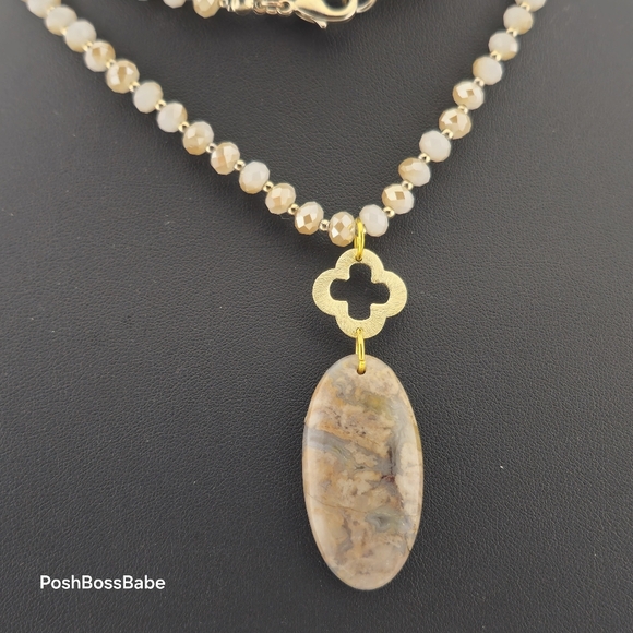 Handmade Crazy Lace Agate Pendant Necklace - Gold Accents, Natural Stone, 30" - Picture 3 of 16